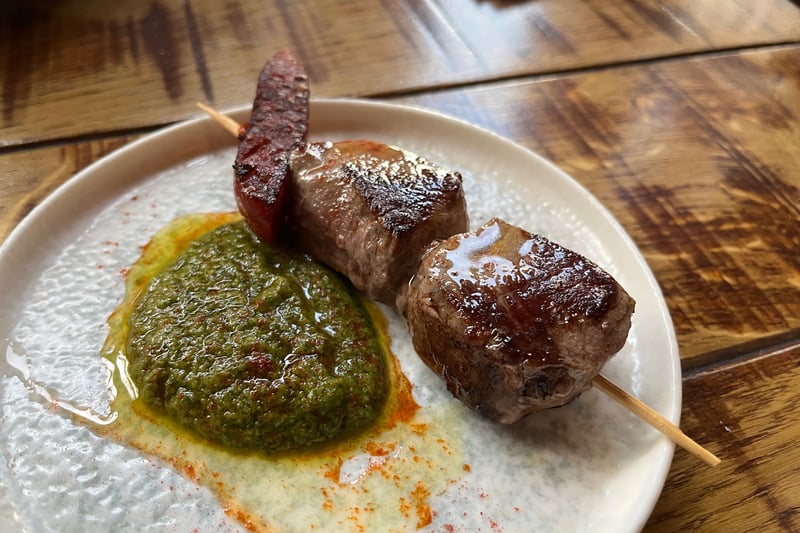 Iberico pork fillet and chorizo pincho with mojo verde (£4.95) from the 'flashback' offer at Bar 44