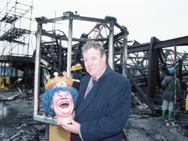 Geoffrey Thompson, who was the boss at the Pleasure Beach in the 90s, sat amongst the smouldering debris of a £10m fire, clutching the head of the famous Fun House clown, and pledged it would rise from the ashes. Known just as the Laughing Clown, he had the last laugh, escaping the inferno because he was  having a facelift