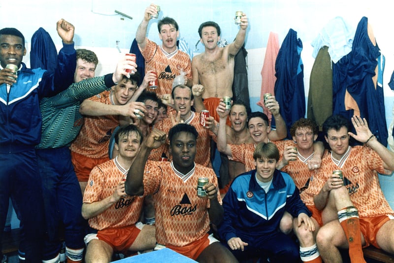 Blackpool FC celebrate after their FA Cup win against QPR in 1990.