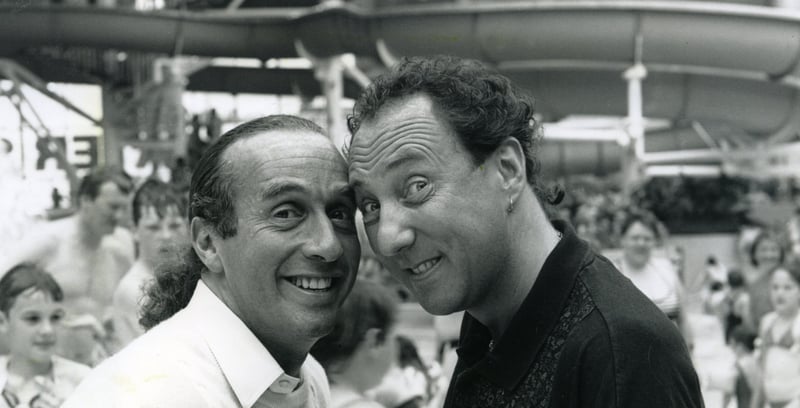 Roger Kitter (left) took a break from his 'Allo 'Allo role on North Pier, Blackpool to come face to face with another seaside success Keith Harris, 1990