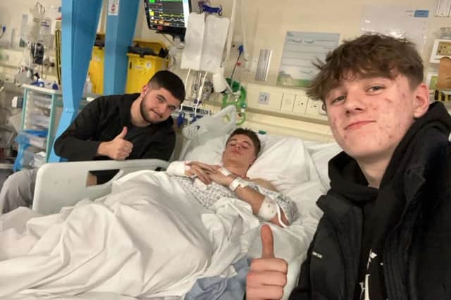 Friends Callum and Harry rushed Harry to hospital after he stopped breathing in the car. 