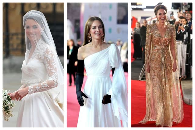 Catherine, Princess of Wales's best fashion moments include her Alexander McQueen wedding dress, the Alexander McQueen gown she wore to the BAFTAs and the Jenny Packham gown she wore to the UK premiere of the James Bond film, No Time to Die.