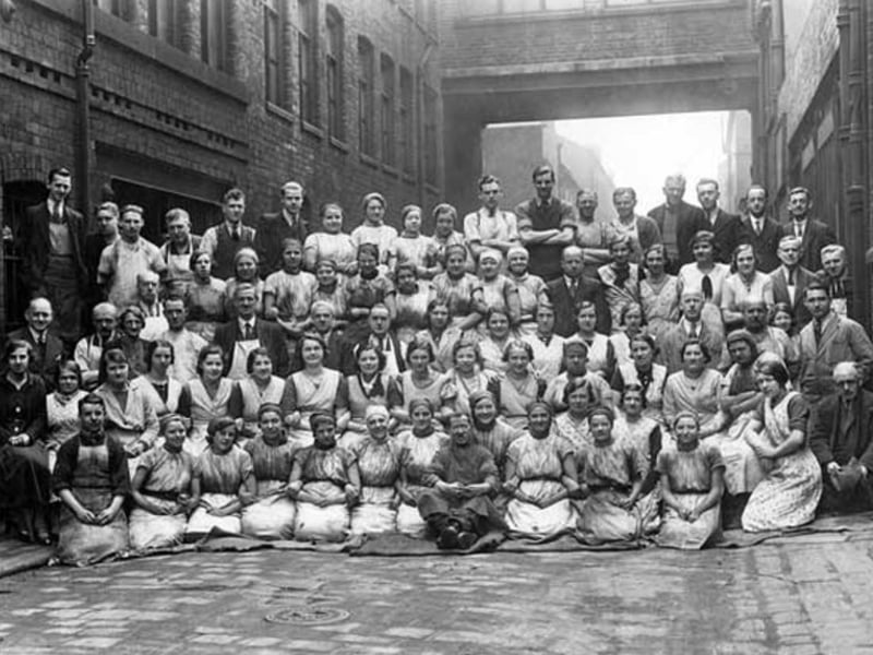 Members of the buffing department of Walker and Hall Ltd, silversmiths, at Electro Works, junction of Howard Street and Eyre Street, Sheffield, in 1910
