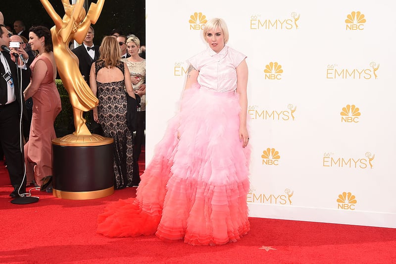 In 2014, Lena Dunham arrived at the Emmys in Giambattista Valli that she described as both 'cake' and 'sweatpants,' but the whole look was a fashion disaster.