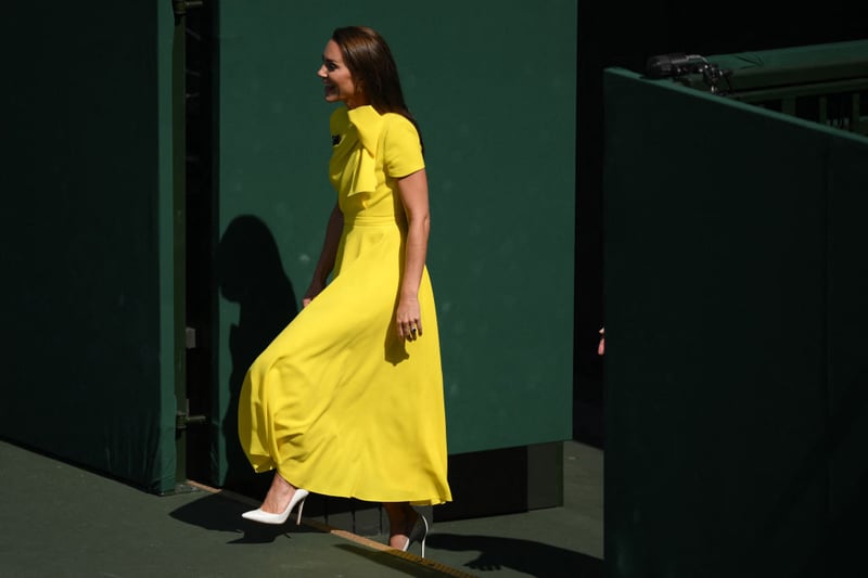 Catherine, Princess of Wales, chose a vibrant yellow Roksanda dress for Wimbledon..
