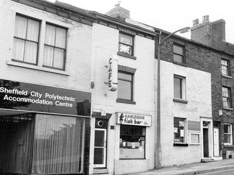 The Harlequin Fish Bar, beside Sheffield City Polytechnic Accommodation Centre and Sabino's unisex hair salon, on Howard Street, Sheffield, in September 1985