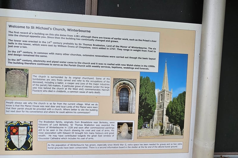 The information board at the back of the main noticeboard highlights the history of the site including how the church is surrounded by the original churchyard, the graves that can be found and some background to the Bradeston Family.