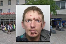 The broad-daylight robbery was carried out by defendant, Dale Glover (pictured inset), near to Sainsbury’s on The Moor, Sheffield city centre, after he watched his victim withdraw £100 from the Halifax cashpoint, Sheffield Crown Court heard.