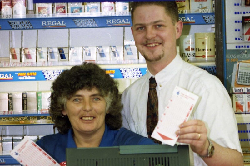 Pictured at Mills Newsagency in Cairnside South, East Herrington, were manager Michael Tilly and assistant Ann Bergg in 1994.