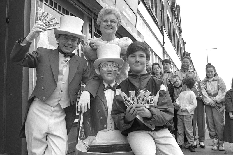 The Milky Bars were on Anne Gordon after she was crowned Sunderland's best newsagent in 1991. 
Milky Bar Kid Anthony Eden handed over her prize outside her Hylton Road shop in the Echo/Nestle competition.