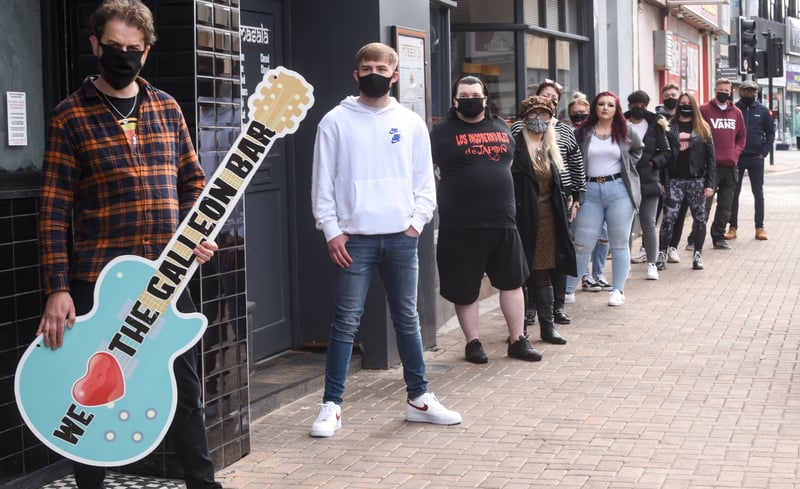 Staff and supporters at The Galleon Bar in Blackpool were angry that the Arts Council rejected the bar's application for recovery funds at the pandemic.  Pictured are some of the staff, performers and supporters.