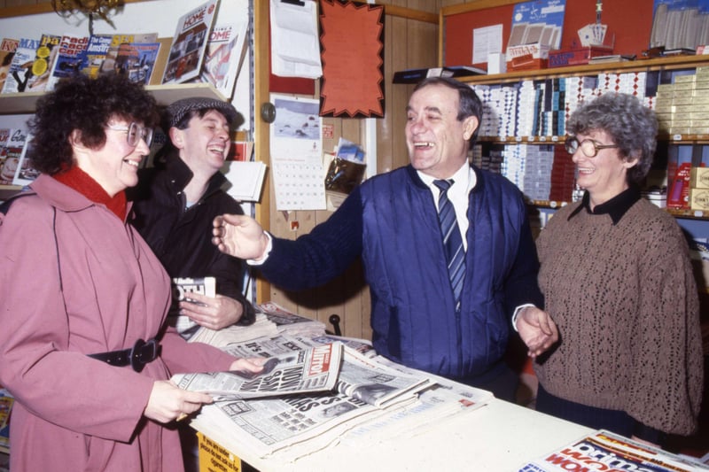 Newsagent Jack Price entertaining his customers with a song in 1986.