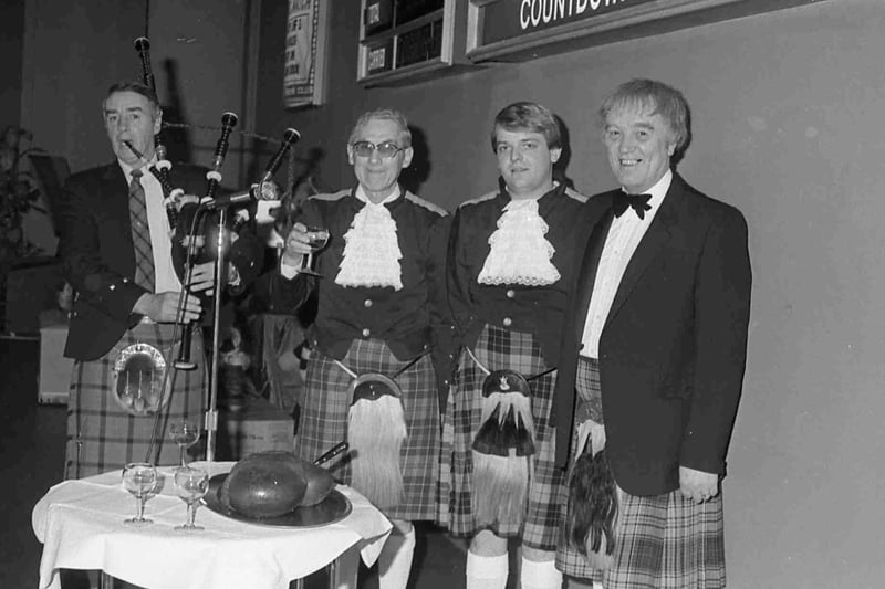 Piping the haggis at the Top Rank Club in 1983.