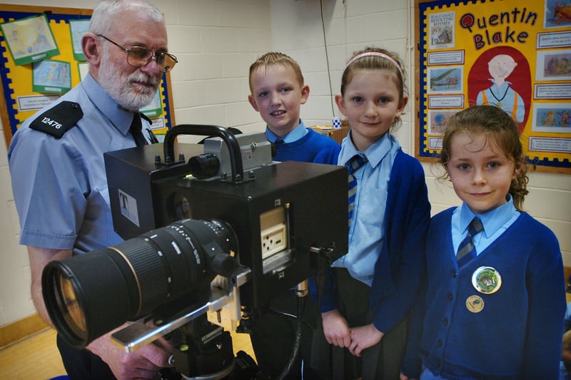 Pupils at Layton Primary School were given a talk on the importance of speed cameras.
Speed Enforcement Officer Trevor Newstead explains the camera to L-R: Bradley Kole-Evans, Hannah Kath-Curtis and Hannah Kay