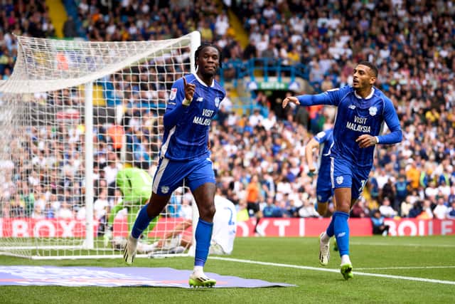 Ike Ugbo celebrates after scoring his team's second goal during the Sky Bet Championship match between Leeds United and Cardiff City at Elland Road on August 06, 2023 in Leeds, England. (Photo by Alex Caparros/Getty Images)