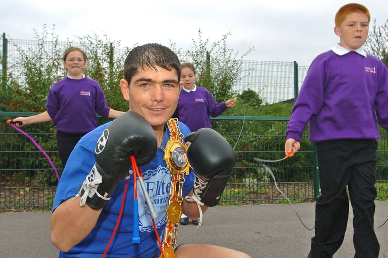 Number one welterweight boxing contender Michael Jennings (foreground) visited pupils at Boundary Primary School in Layton to give boxing demonstrations and teach children to skip. Behind him skipping L-Rare pupils Natasha Moulton, Shannon Young and Scot 