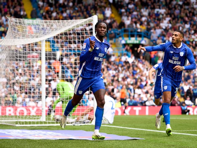Ike Ugbo celebrates after scoring his team's second goal during the Sky Bet Championship match between Leeds United and Cardiff City at Elland Road on August 06, 2023 in Leeds, England. (Photo by Alex Caparros/Getty Images)