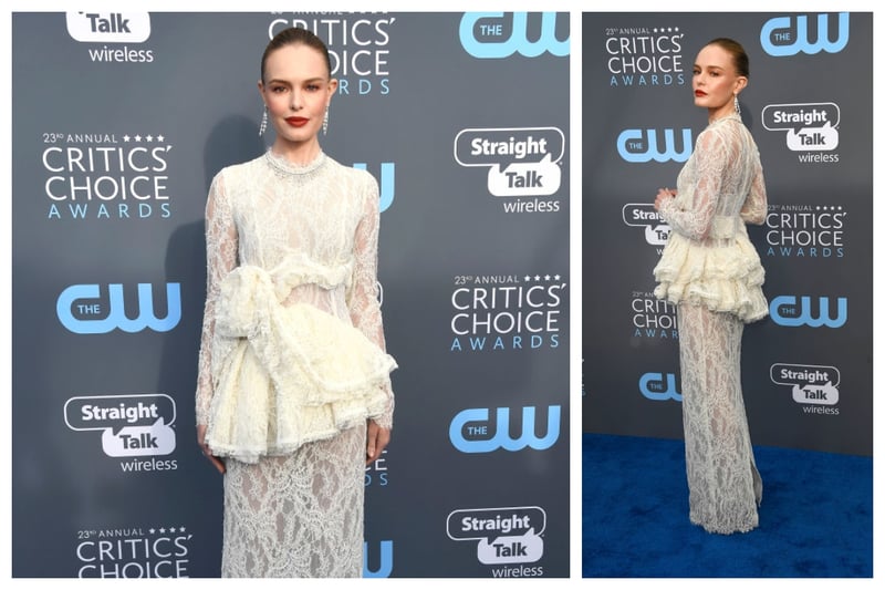 Kate Bosworth white lace dress from the Brock Collection that she wore to the 2018 Critics' Choice Awards was most certainly bridal-inspired but it looked like she had a napkin tied round her waist!