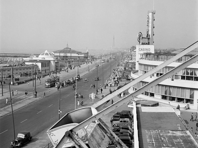 A great scene of Blackpool seafront, taken from the Pleasure Beach 1946-c1955. The Casino next to the Pleasure Beach can be seen. Built in 1937-40 by Joseph Emberton, it was circular in plan with a thin tower. (Photo by English Heritage/Heritage Images/Getty Images)