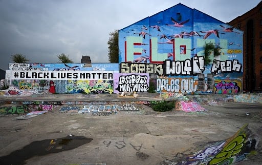 This Black Lives Matter mural can be found in a skatepark in the Baltic Triangle. It was painted in solidarity with the Black Lives Matter movement in the wake of the killing of George Floyd in 2020.