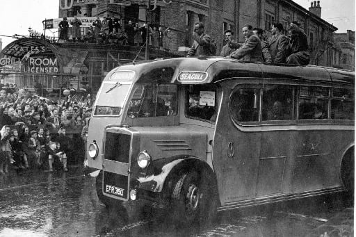 FA Cup final Blackpool v Newcastle 28/04/1951 .
Despite losing the final the team received a hero's welcome as they toured Blackpool and the Fylde in a Seagull coach seen here by Yates's Wine Lodge as they approached  the Town Hall and Talbot Square for a Civic welcome