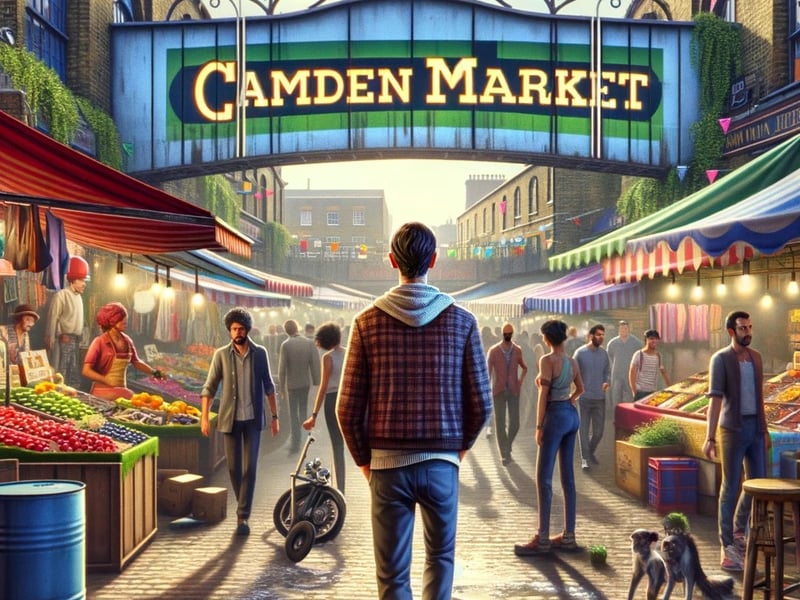The protagonist takes a peaceful stroll through the colourful Camden Market. Let’s just hope he keeps it peaceful.