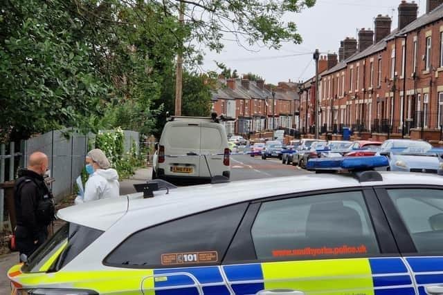 The scene in Malton Street, in the Pitsmoor area of Sheffield, following a shooting on July 2, 2023, which left a man with 'life-changing' injuries
