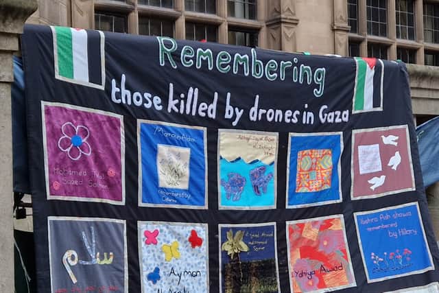 A quilt entitled "Remembering those killed by drones in Gaza" hung outside Sheffield Town Hall at the hunger strike on January 11.
