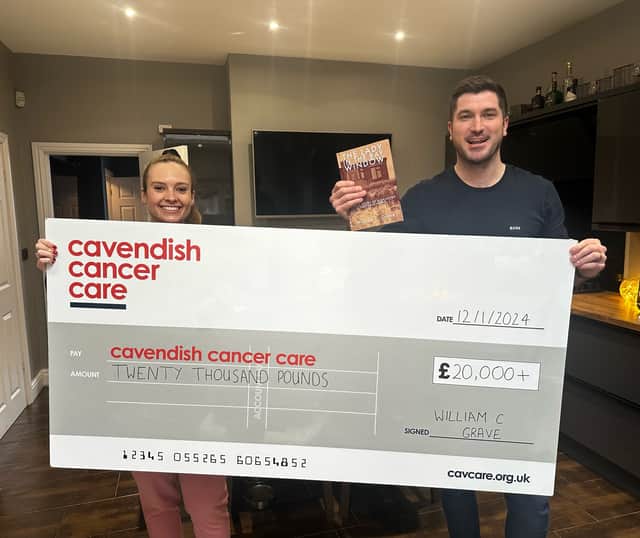 The cheque from William C Grave to Cavendish Cancer Care, for £20,000.