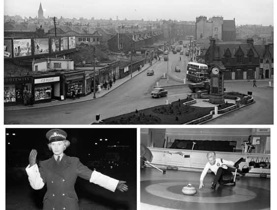 Haymarket in 1950s and 1960s: war memorial; policewoman on point duty; and curling at the ice rink.