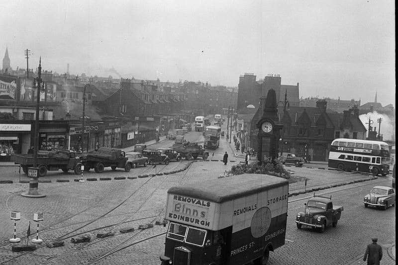 A trial of a traffic roundabout at Haymarket, Edinburgh. in 1954.
