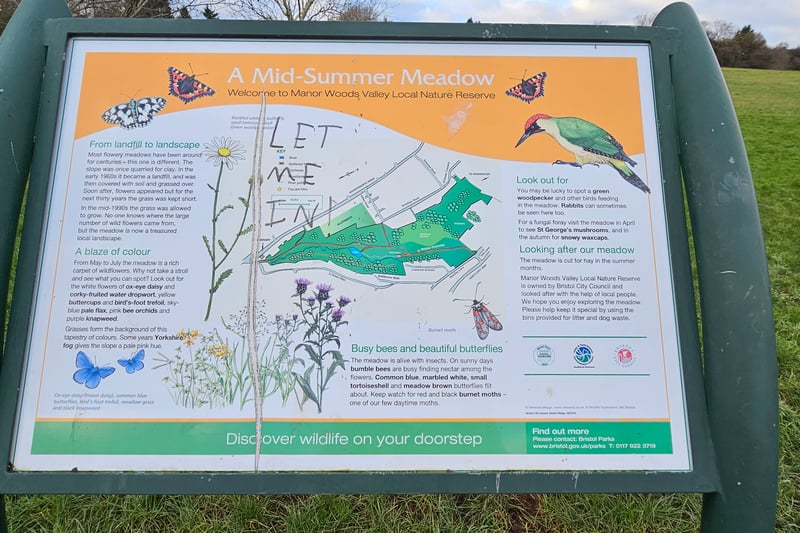 We came across two information boards with maps during our visit. One was located next to the wildflower meadow near Vale Lane and focused on the mid-summer meadow and the other one was by the pond and focused on the River Malago and the pond.
