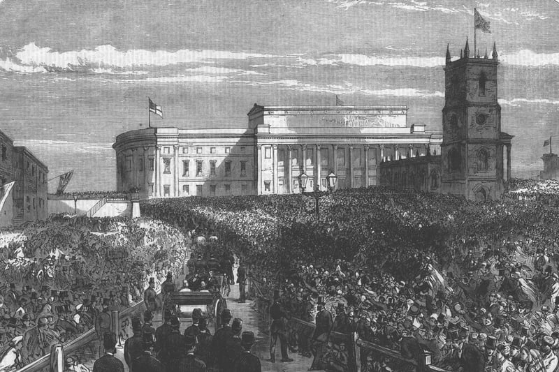 St George’s Hall opened on Lime Street in 1854 and has played host to many momentous events. This is the visit of the future King Edward VII and Queen Alexandra in 1865. They were shown round the library and museum and St George's Hall was used for the festivals, and for meetings, dinners and concerts.