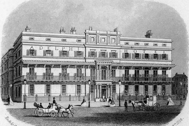 The Adelphi Hotel marks the southern extremity of Lime Street, before it turns into Renshaw Street. The present hotel was opened in 1912, but this is the first Adelphi built on the site, pictured circa 1864.