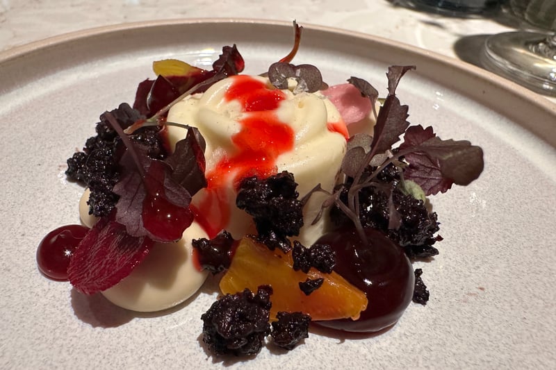 Paint The Roses Red is the third course. A dainty goats cheese mousseline with baby beetroot, garden radish, crispy kalamata olive soil and a drizzle of red apple caramel. 