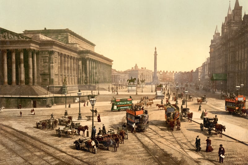 Lime Street in the 1890s, with St. George's Hall on the left and the Great North Western Hotel on the right. Wellington's Column, which marks the northern end of Lime Street, is visible in the distance.