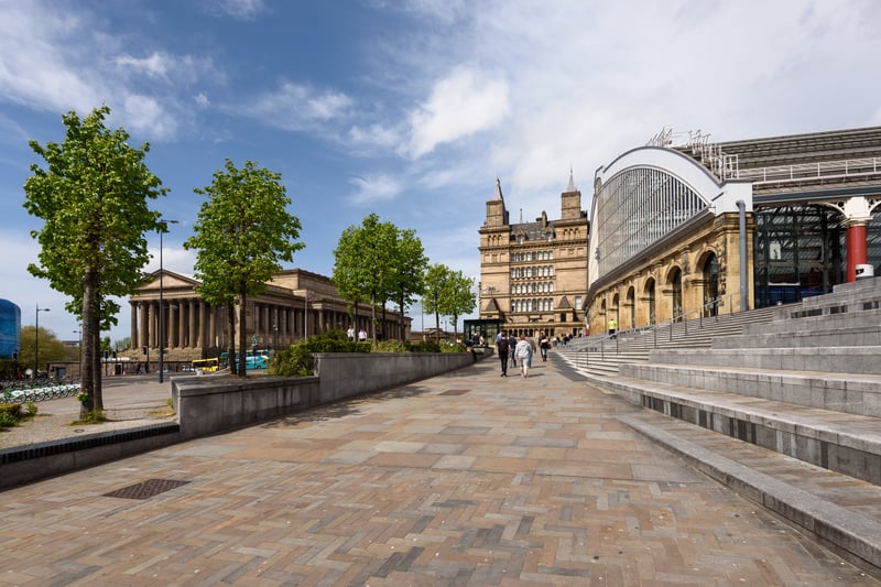 Liverpool Lime Street looking resplendent in the sun after being revamped and pedestrianised.