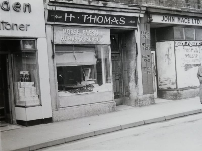 A butchers shop at Moorfoot, Sheffield city centre, advertising horse meat for human consumption in around 1969