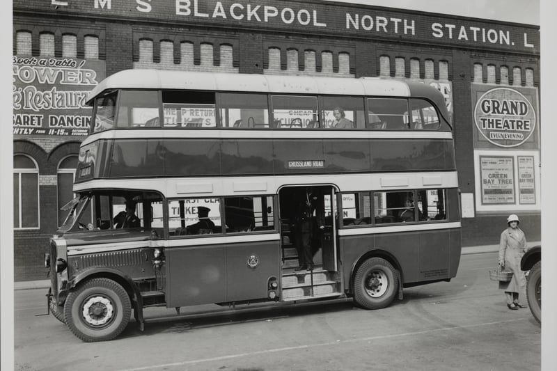 A number of central-entrance twin staircase buses were put into service by the Blackpool Corporation. As well as saving time, the central entrance made for greater safety for passengers getting on and off the bus, Blackpool. (Photo by Hulton Archive/Getty Images)