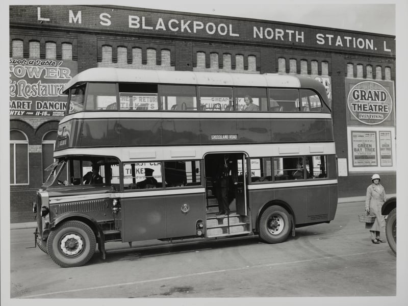 A number of central-entrance twin staircase buses were put into service by the Blackpool Corporation. As well as saving time, the central entrance made for greater safety for passengers getting on and off the bus, Blackpool. (Photo by Hulton Archive/Getty Images)