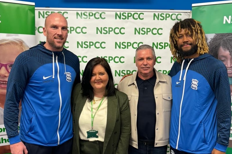 The Blues players' visit to Childline last Thursday. Pictured is John Ruddy BCFC Goalkeeper, Amanda Synnott NSPCC Fundraising Manager for Birmingham, Gary Fox of V Installations BCFC and NSPCC Sponsor and Dion Sanderson BCFC Captain