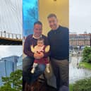 Penny Rose Hallam, pictured with her dad Craig Hallam and godfather Ian Keighley, was born in Singapore but had her naming ceremony at Sheffield Town Hall, in the Hallam Room