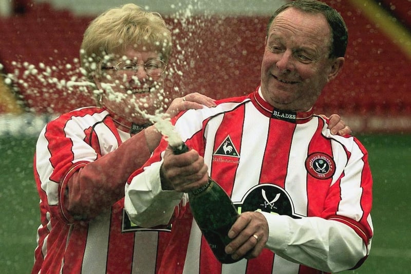 Sheffield United fans Ray and Barbara Wragg celebrate winning a £7,649,520 jackpot from the National Lottery at Bramall Lane football ground on January 25, 2000. They became renowned for giving away much of their fortune to many good causes. Barbara sadly died in 2018, aged 77