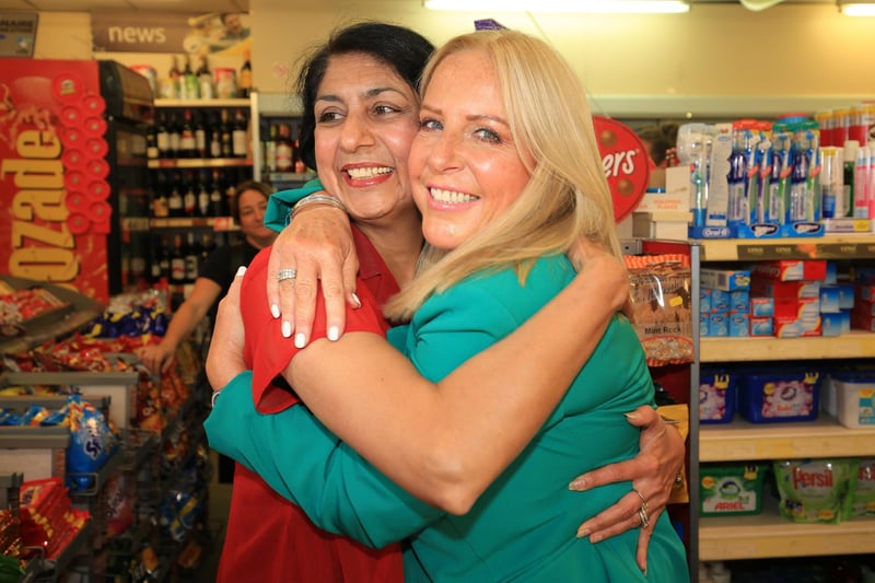 National Lottery winner Deana Sampson, who scooped £5.4m on the Lotto in 1996, is seen here returning to Stradbroke Post Office, Sheffield where she bought her winning ticket. She is pictured with postmistress Balwinder Dhillon, who sold her the ticket, in June 2018 when she unveiled a new gold lottery playing point, complete with her lucky hand print for other lottery players to rub