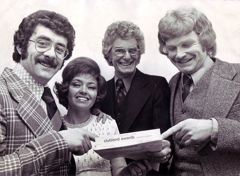 Bobby Knutt (left) and Tony Whyte (second from right) with others at the Clubland Awards hosted by Crookes WMC, in Sheffield, in November 1974