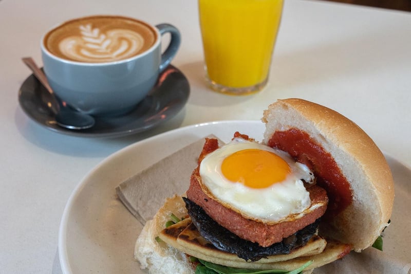 Cafe Strange Brew offer meaty, veggie and vegan breakfast rolls with this being their veggie offering which includes veggie lorne sausage, portobello mushroom, potato scone, fried egg and smokey mayo.