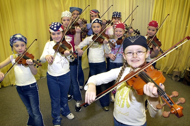 Ten violin-playing pupils from Claremont Primary School were chosen to perform at a music festival in Liverpool.
Devon Bailey (front right) leads the group in a tune (other members if space allows are : Charlotte Eyre, Chloe Brown, Stephanie Thompson, Jaime White, Natalie Wilson, Stephanie West, Samantha Moor, Terri Buchan and Stacey Gill