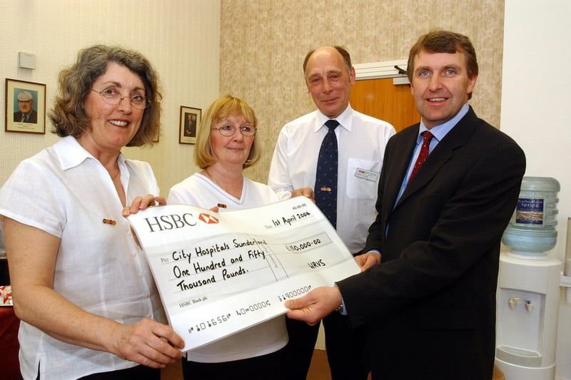 WRVS volunteers Philomena Lennox, Janet Newcombe and Philip Wilkinson presented a cheque for £150,000 to City Hospitals Sunderland chief executive Ken Bremner after the money was raised in WRVS shops at the hospital.