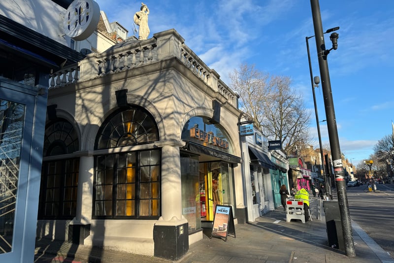 Caffè Nero is set in an unusual building that used to be the Electric Theatre cinema. The frontage with its domed roof, topped by a statue, suggests a cosy venue, but out back it has a large room popular with remote workers. 