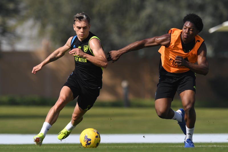 17-year-old Myles Lewis-Skelly trains with Leandro Trossard. Could Arteta be preparing to give the youngster his Arsenal debut this season?